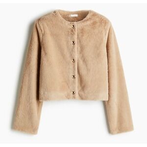 H&M Faux Fur Jacket Womens Medium Beige Cropped Teddy Plush Glam Coat Cardigan